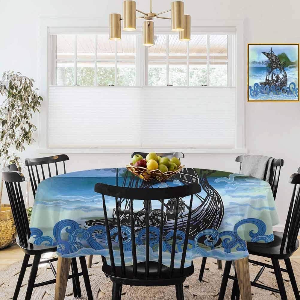 shirlyhome Nordic Round Outdoor Tablecloth Drekar Boat Vikings Ship Bearded Warrior with Axe Swirled Sea Waves Artwork Great for Party Picnic Blue Black Green (Diameter 54")
