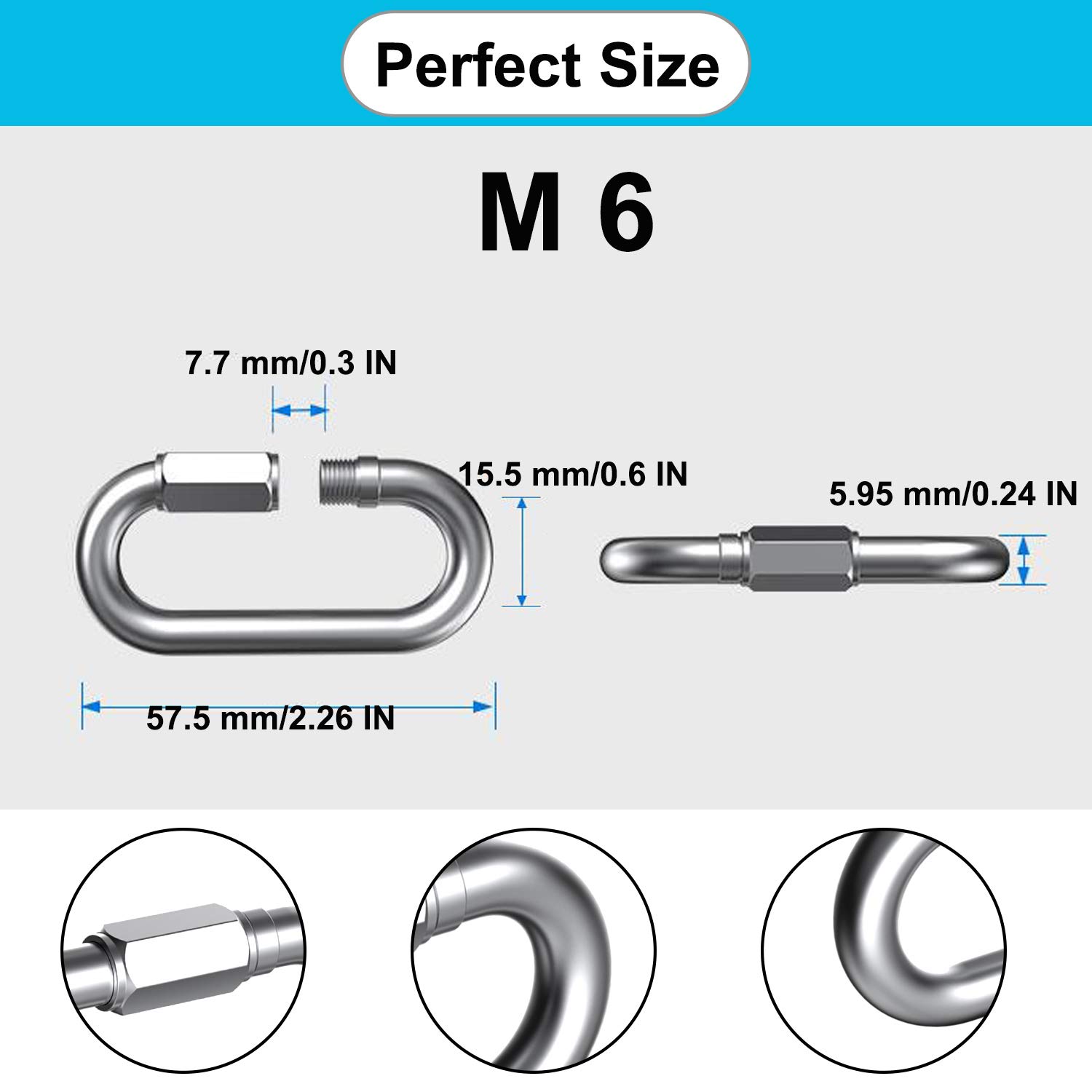6 PC M8 M4 Quick Chain Links, 304 Stainless Steel Quick Links D Shape