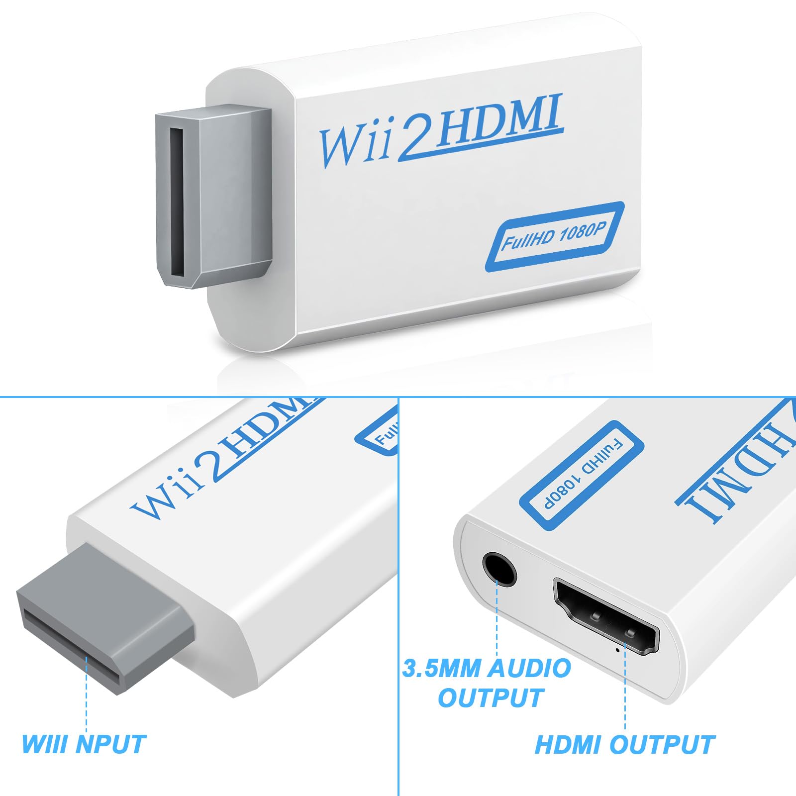 Herfair Wii to HDMI Adapter, 1080P HDMI Converter for Nintendo Wii/Wii U to Smart TV, Supports All Display Modes with 3.5mm Audio Jack Wii2HDMI Video Connector to HDTV (Plug & Play)