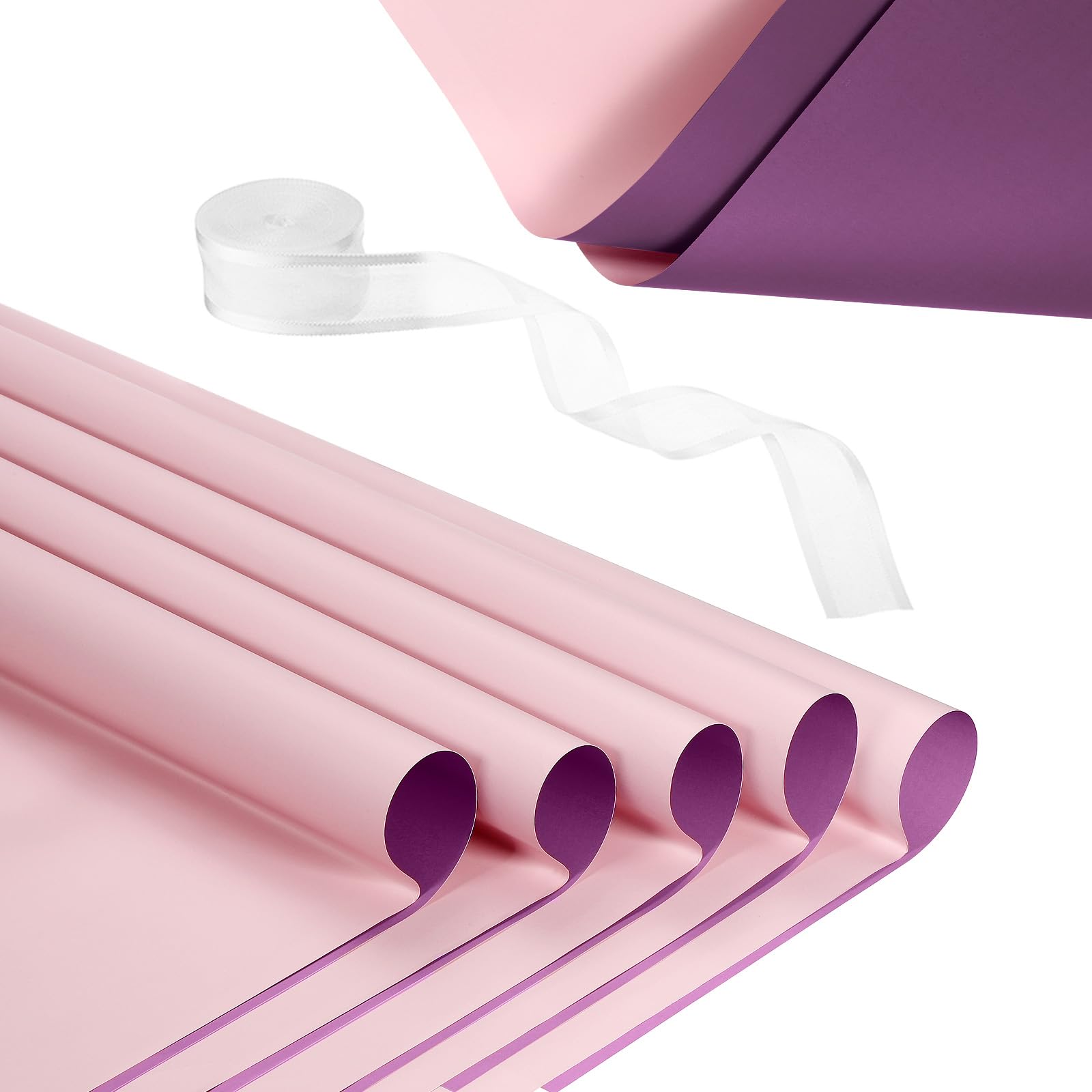 PATIKIL 20 Sheets Flower Wrapping Paper, Waterproof Flower Paper Wraps with Ribbon Floral Bouquet Supplies for DIY Crafts Packaging Bouquet, 22.8x22.8 Inch, Dark Purple/Pale Pink