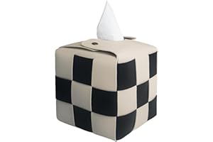 MSJGA Tissue Box Cover, Square PU Leather Tissue Box Holder with Metal Buckle, Checkered Tissue Box, Decorative Organizer for Bedroom, Vanity Desk, Nightstand, Bathroom, Office (Beige)