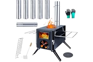 Fitinhot Camp Wood Stove, Tent Wood Burning Stoves Portable with Chimney Pipes, Upgraded Titanium Surface Camping Stove, Heat Resistant Glass & Gloves for Outdoor (Black)