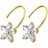 Dainty Crystal Flower Small Half Hoop Earrings Sterling Silver for Women Teen Girls Cute CZ Diamond Cartilage Huggie Hoops Cuff Stud Earring Nose Ring Hypoallergenic Christmas Gifts Jewelry
