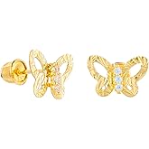 14k REAL Yellow Gold Diamond Cut Butterfly Stud Earrings with Screw Back