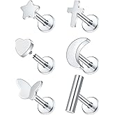 Xpircn Flat Back Stud Earrings 14K Gold Plated Internally Threaded CZ Stud Piercing Jewelry for Tragus Helix Cartilage Conch Nose Hypoallergenic Lip Labret Medusa Piercing 18G 6mm 8mm