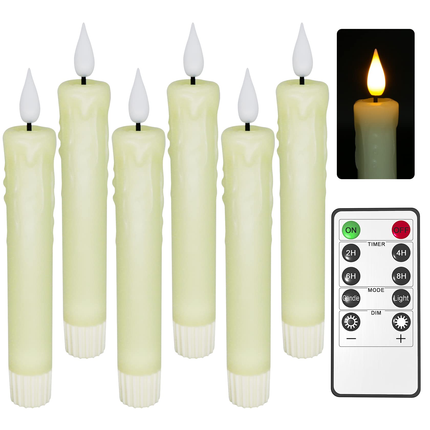 Photo 1 of PChero Real Wax LED Flameless Taper Candles with Remote Timer, 6.4 Inch Ivory LED Candlesticks Battery Operated with 3D Flickering Flame for Christmas Window Halloween Wedding Party Home Decor