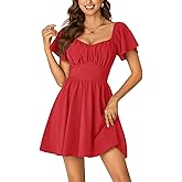 Rooscier Women's Tie Back Square Neck Wrap Ruffle Short Sleeve Flare Mini Dress