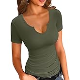 VICHYIE Womens Tops V Neck Summer Short Sleeve Casual Slim Fitted Tshirt