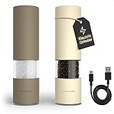 LARS NYSØM Electric Salt and Pepper Grinder Set I Automatic Salt and Pepper Mills with Adjustable Ceramic Grinder I USB Rechargeable Electric Spice Mill Set with LED Light (Brown/Beige)