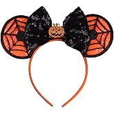 Kiddale Halloween Mouse Ear Headband for Women, Orange Pumpkin Cobweb Bow Hair Hoop Headwear Headdress for Halloween and Party Decorations Gift