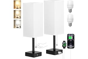 AOOSHINE Bedside Lamps Set of 2 - White, 3 Color Temperatures, USB Charging, Pull Chain Night Light