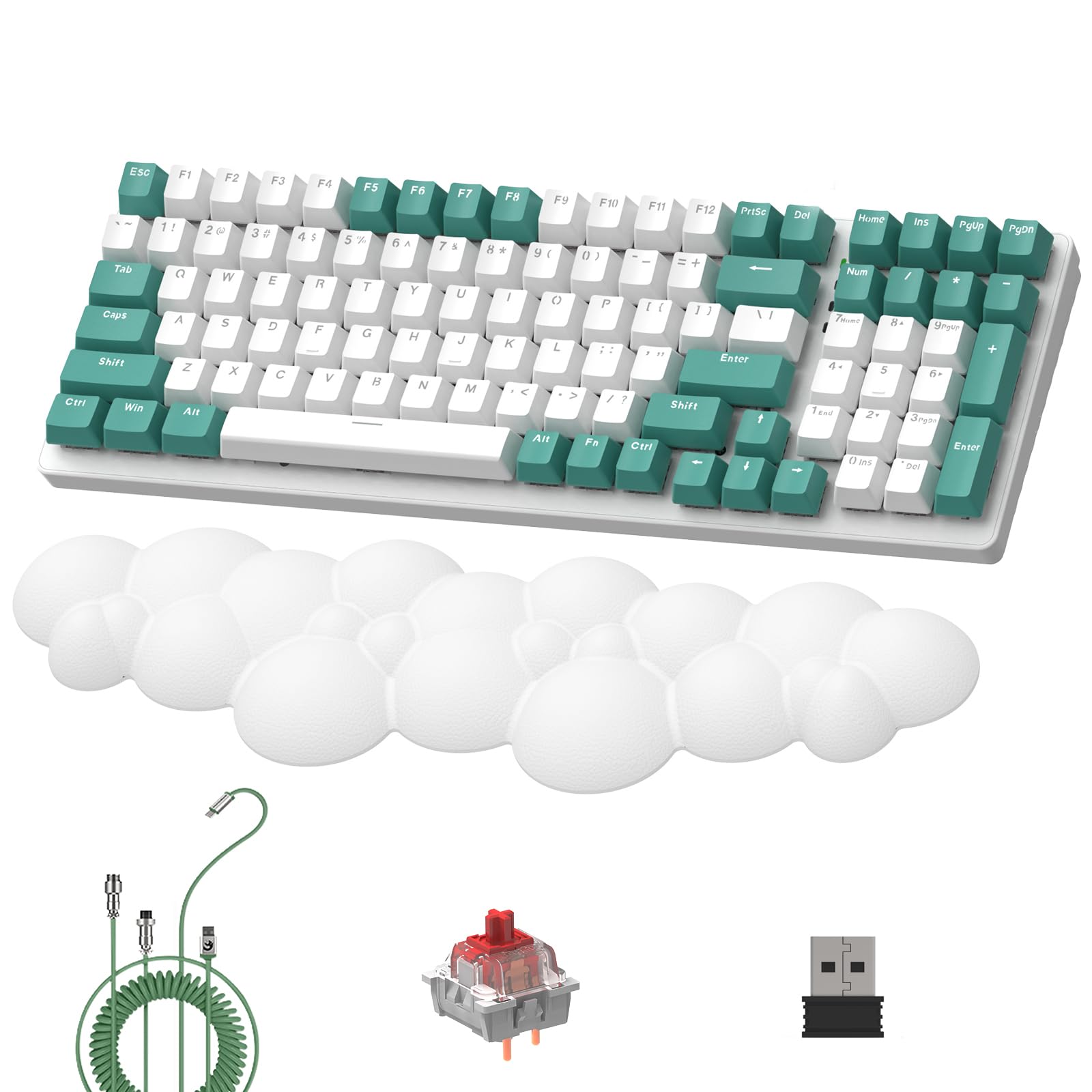 Lexonelec K6 Wireless Mechanical Keyboard with White Cloud Wrist Rest, 100 Keys, QWERTY Layout, 4000mAh, Wired/ 2.4Ghz/Bluetooth 5.0,RGB Backlit,Custom Coiled Cable for Gaming-Aqua Green Red Switch