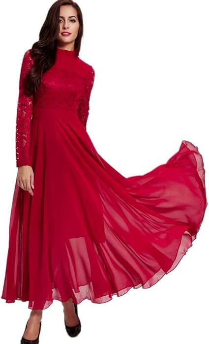 Women's Lace Long Sleeve Floor Length Evening Dress Polyester Maxi Dress - Large: Amazon.ca 
