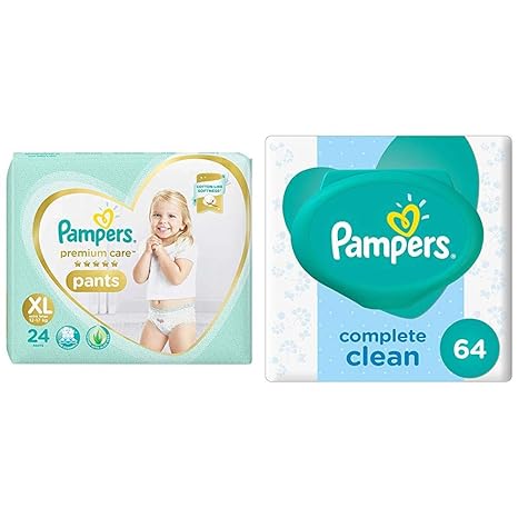 Pampers Premium Care Pants Diapers, X-Large, XL 24 Count & Pampers Fresh Clean Baby Wipes (64 Count)