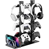 Headphone and Game Controller Desk Stand for PS5/ Xbox/ PS4 Controller, 4 Tiers Headset Hanger with Organizer for Switch 2/1/PS Portal Game Console, Multiple Controller Storage Dispay Rack-16 Hooks