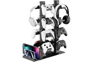 KOSKER Headphone and Game Controller Desk Stand for PS5/ Xbox/ PS4 Controller, 4 Tiers Headset Hanger with Organizer for Switch 2/1/PS Portal Game Console, 16 Hooks Multiple Controller Storage Dispay Rack