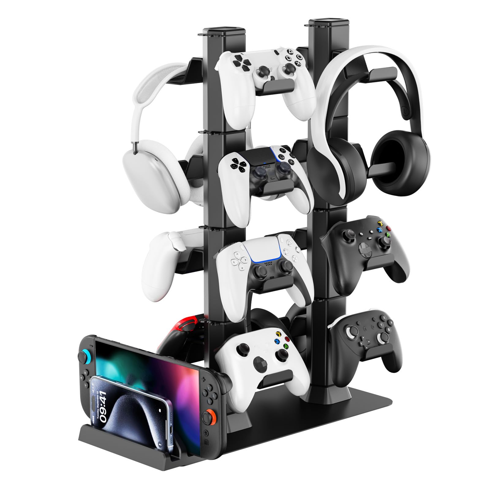 Headphone and Game Controller Desk Stand for PS5/ Xbox/ PS4 Controller, 4 Tiers Headset Hanger with Organizer for Switch 2/1/PS Portal Game Console, Multiple Controller Storage Dispay Rack-16 Hooks