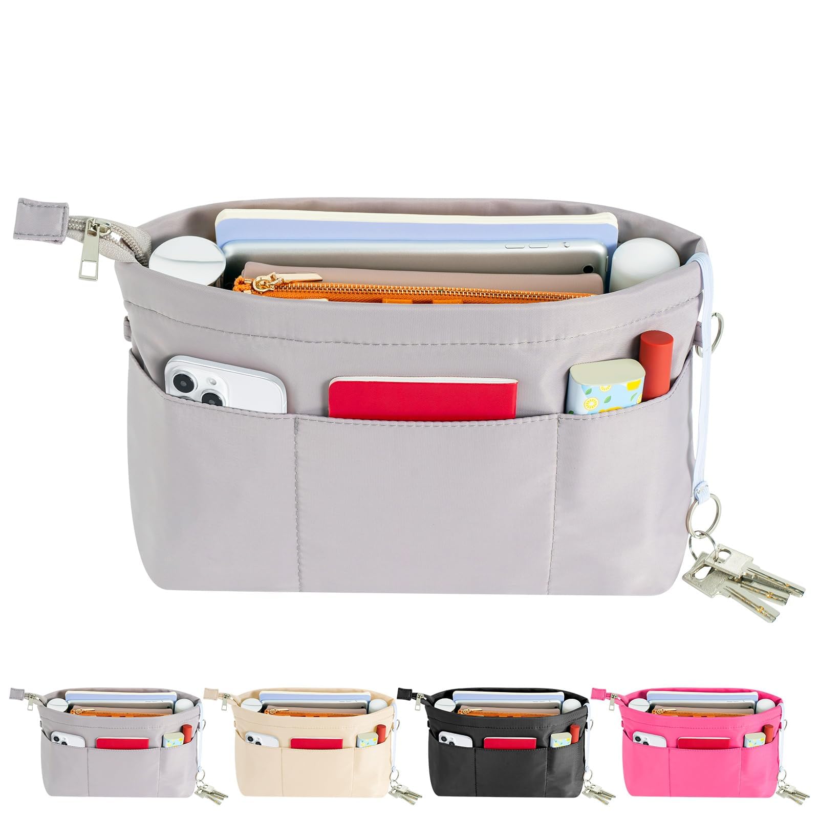 HyFanStr Bag Insert Organizer for Longchamp Le Pliage Large Tote, Tote Bag Organiser Insert with Zipper, Multi-Pockets Nylon Handbag Organizer (Gray, L)