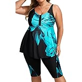 Hanna Nikole Women's Plus Size Tankini Swimsuits Two Piece Bathing Suit Flowy Rash Guard Swimwear with Capris Shorts