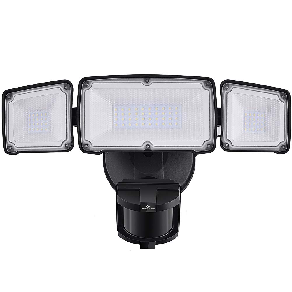 LED Security Lights, 35W Motion Sensor Light Outdoor, GLORIOUS-LITE 3 Head Flood Light with Dusk to Dawn Mode, 5500K-6000K, IP 65 Waterproof, ETL Certified for Garage, Yard, Porch, Entryways - Black