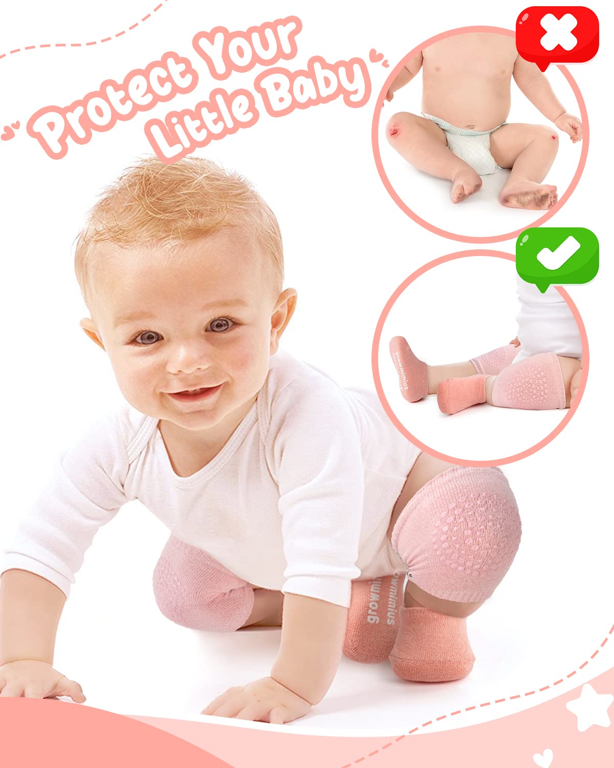 BOSONER Baby Crawling Anti-Slip Knee and Socks for Boys And Girls Best Infant Gift, Unisex Baby Toddlers Kneepads (Blue Pink Grey) 6-24 Months