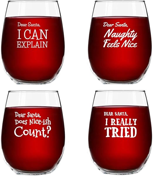 Dear Santa Funny Christmas Stemless Wine Glass (Set of 4) 15 oz