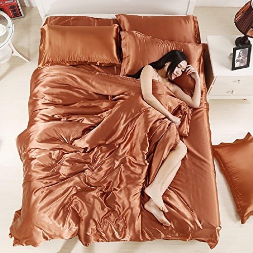 Silky Duvet Cover Set with Flat Sheet Queen Size 4 Piece Silk Like Feeling Great Lightweight Soft Bedding Set Zipper Closure Bright Solid Color (Brown)