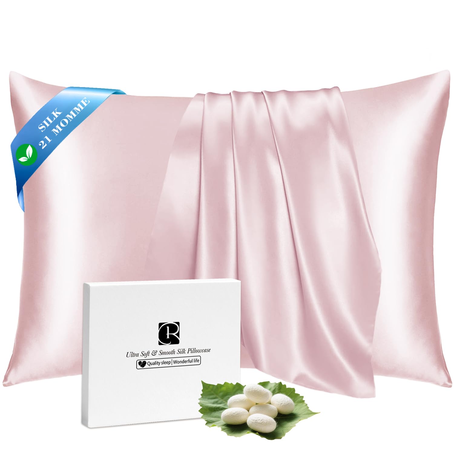 Photo 1 of Ravmix Silk Pillow Cases with Zipper, 21momme Mulberry Silk Pillowcase for Hair Skin Health, Soft Smooth Breathable Cool Pillow Cover for Beauty Sleep with Gift Box 1PC(Standard 20"x26", Soft Pink)