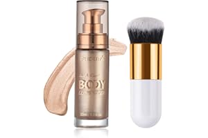 LEZERO Body Shimmer Oil, Rose Gold Natural Glow Luminizer, Long Lasting Waterproof Moisturizing Liquid Illuminator Highlighter Makeup for a Sun-Kissed Glow, Brush Include, 1oz, Light Medium