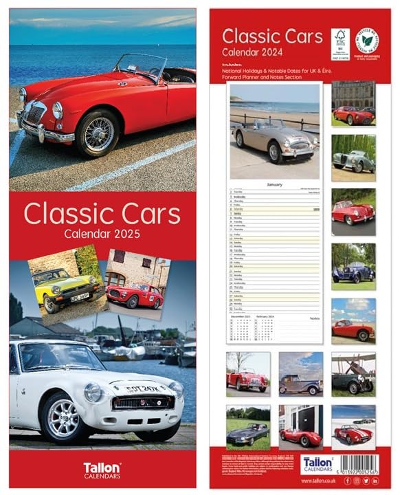 2026 Super Slim Month to View Spiral Bound Hanging Wall Calendar Home Office (CLASSIC CARS)