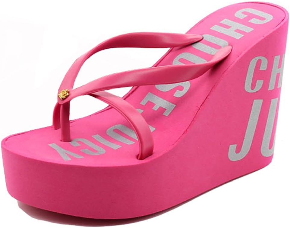 IDIFU Women's Comfy Platform Wedge Flip Flops With High Heels Beach Thong Sandals Rose Red 4 B(M) US