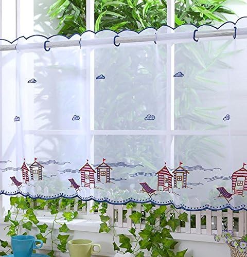 Ians Emporium VOILE CAFE NET CURTAIN PANELS - D23 - BEACH HUTS (NAVY BLUE) 24" KITCHEN/BATHROOM CURTAINS