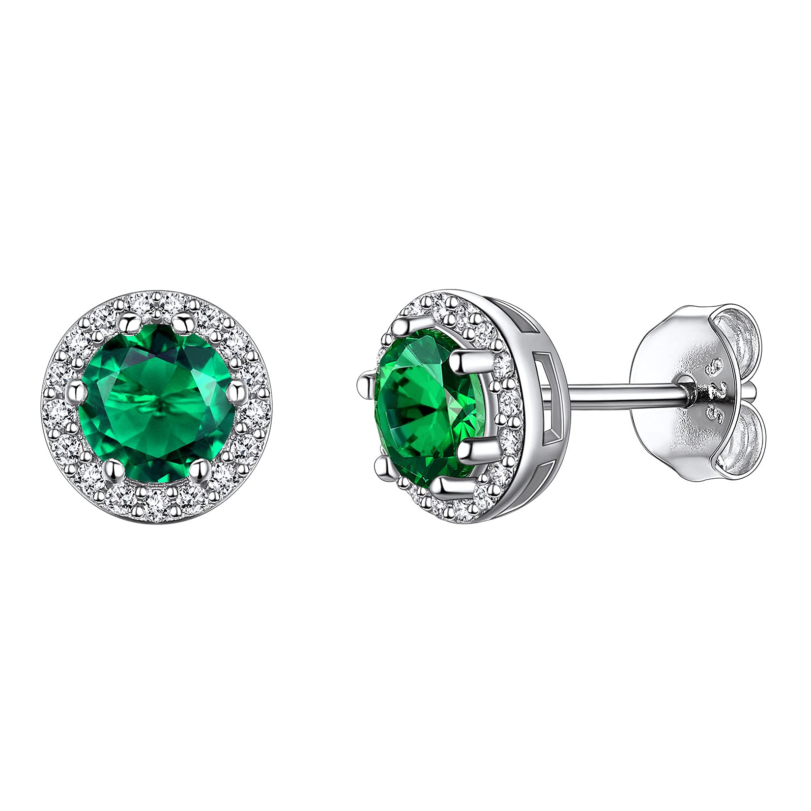925 Sterling Silver Round Brilliant Cut Cubic Zirconia CZ Stud Earrings Dainty Small Comfortable Simulated Green Emerald May Birthstone Hypoallergenic Earrings for Women Girls Teens