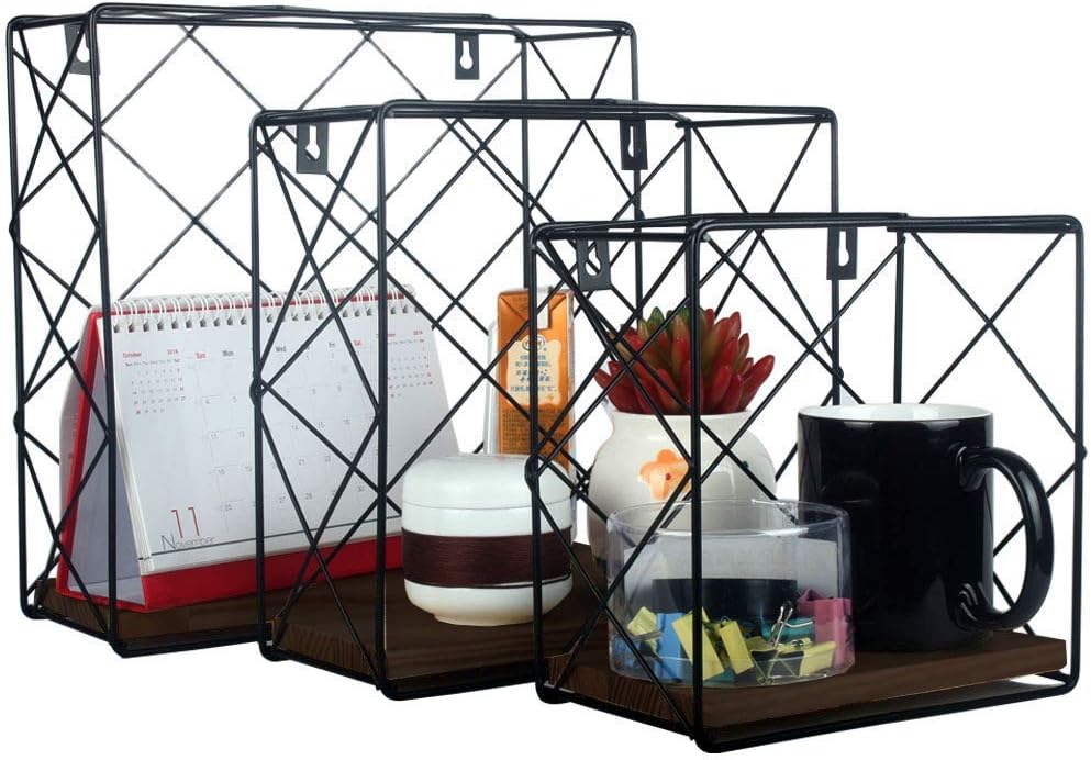 APRODZ Square Floating Shelves Wall Mounted Set of 3, Rustic Metal Wire & Crude Wood Wall Storage Shelves.