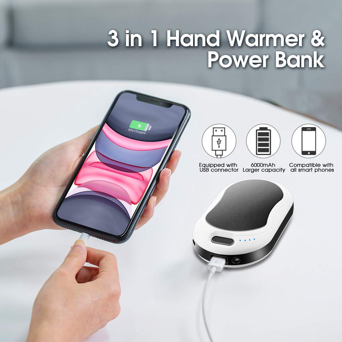 FXQ Electric Hand Warmer, 3 in 1 USB Rechargeable Hand Warmer 6000mAh Power Bank Hand Warmer with Vibration Massage, LED Flashlight and Visible LCD Play, Great for Outdoor Sport, Winter Gifts- Black