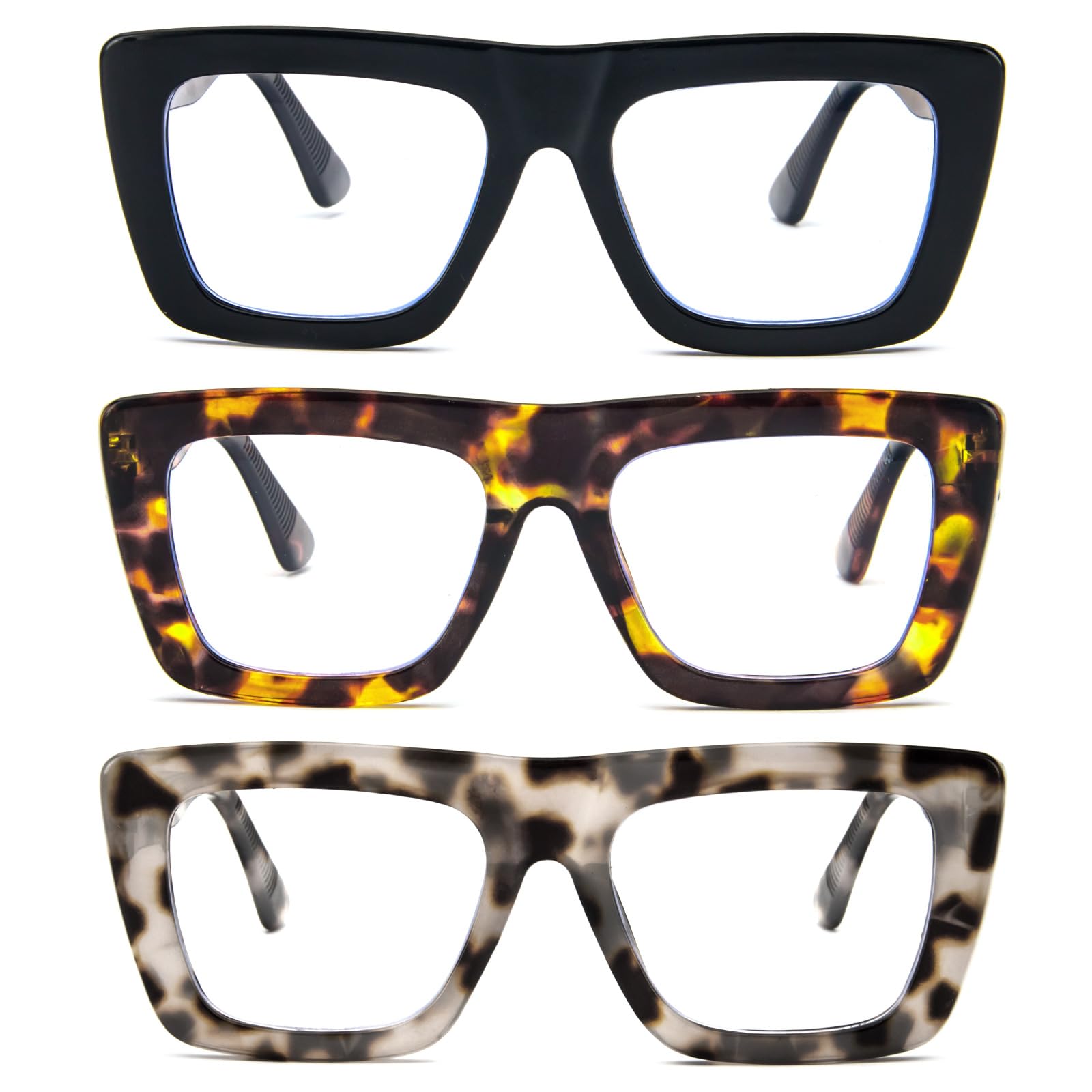 MMOWW 3 Pack Oversized Reading Glasses Square Frame for Women Men, Blue Light Blocking Computer Readers with Spring Hinges Eyeglasses +3.5