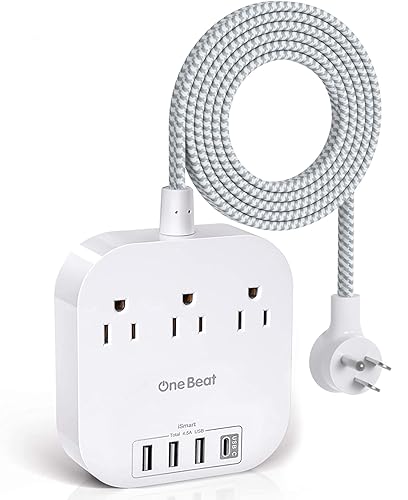 One Beat Power Strip with USB C, 3 Outlets 4 USB Ports (22.5W/4.5A) Desktop Charging Station, Flat Plug, 5ft Braided Extension Cord, Non Surge Protector for Travel, Cruise Ship, ETL Listed