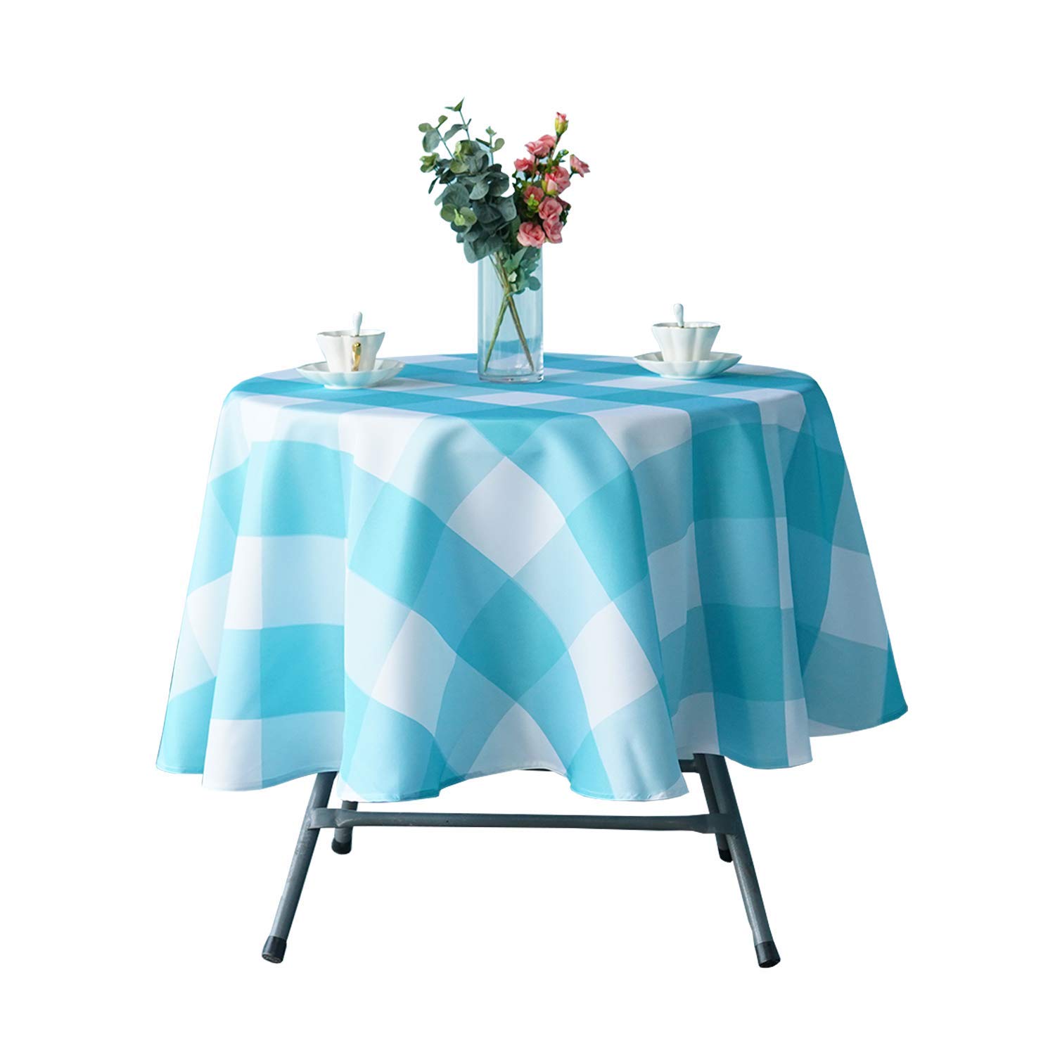 WedDecor Round Printed Tablecloth, Wipe Clean Table Cover White Blue Geometric Design, Polyester Circular Tablecloth for Kitchen, Dinning, Tabletop (70" Round, Blue Buffalo Checks)