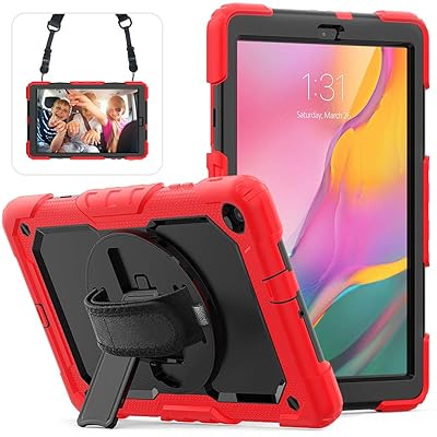 Samsung Galaxy Tab A 10.1 2019 Case with Screen Protector, Herize Full-Body Drop Proof &amp; Shockproof Protective Case with Pencil Holder &amp; Hand Strap for Galaxy Tab A 10.1 2019 SM-T510/SM-T515 Red