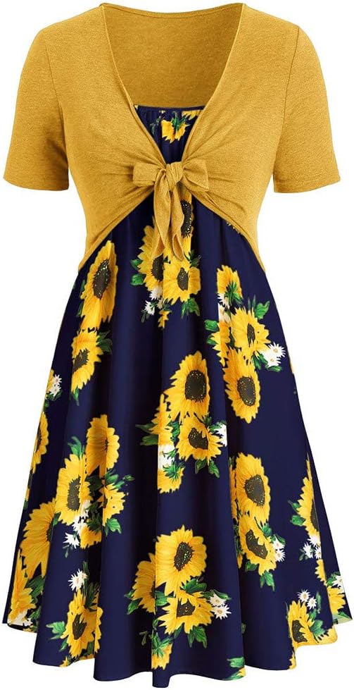 ✿Fashion Women Short Sleeve Bow Knot Bandage Top Sunflower Print Mini Dress Suits