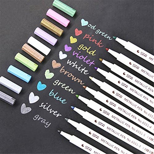 Metallic Marker Pens, Set of 10 Colors, Calligraphy Brush Markers For Card Making, Rock Painting, Glass, Metal, Wood, Works on Most Surfaces, DIY Photo Album (Hard)