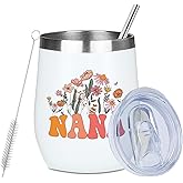 PQV Nana Grandma Birthday Gifts Wine Tumbler 12 oz Insulated Wine Glass Cup with Lid Straw Vacuum Insulated Travel Cup,Grandma Gifts from Granddaughter for Women Grandmother Christmas Mothers Day