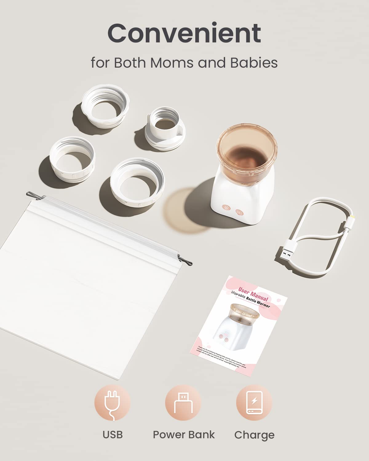 Hopebig Bottle Warmer, Portable Bottle Warmer with Glass Bottle, Rechargeable Baby Bottle Warmer, Travel Bottle Warmer for Breastmilk or Formula