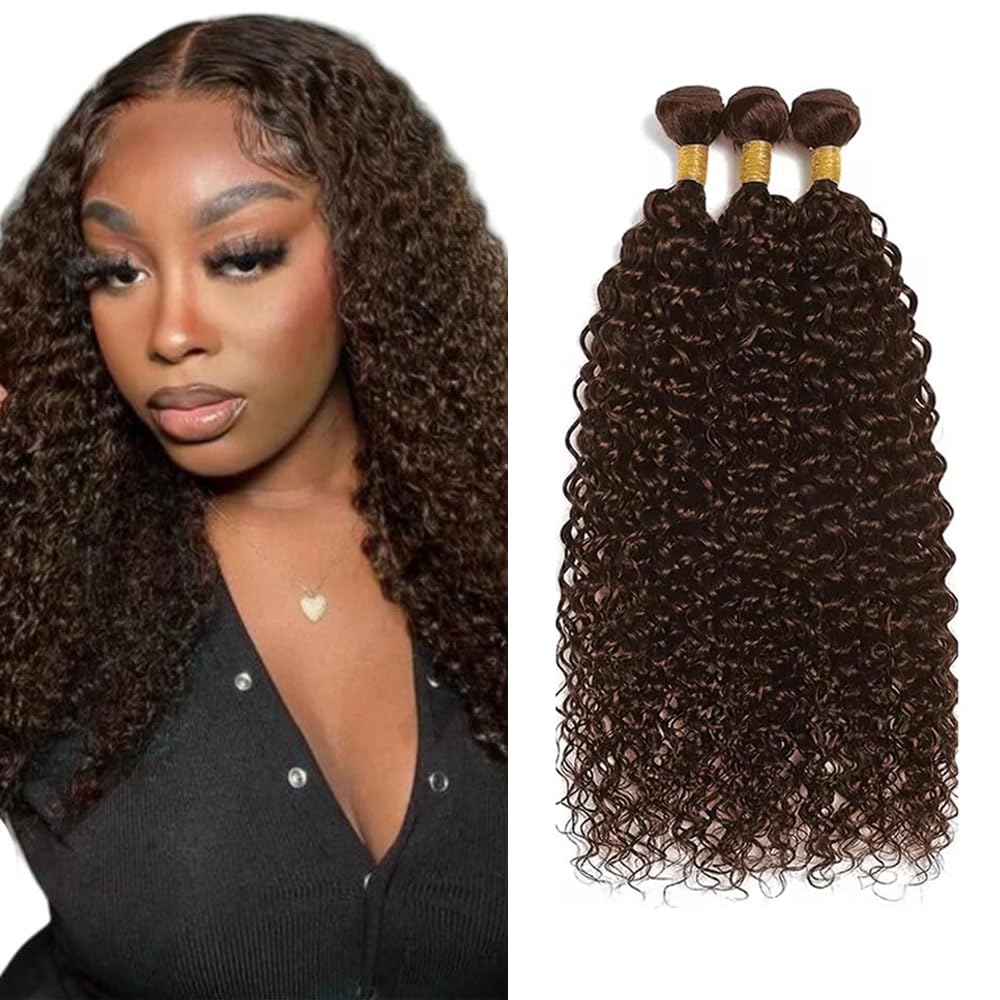 Photo 1 of Color #4 Human Hair Bundles Chocolate Brown Curly Wave Brown 3 Bundles Human Hair 18 20 22 Inch 50G Double Weft Grade 12A Unprocessed Virgin Remy Hair Extensions 50g Per Bundle
