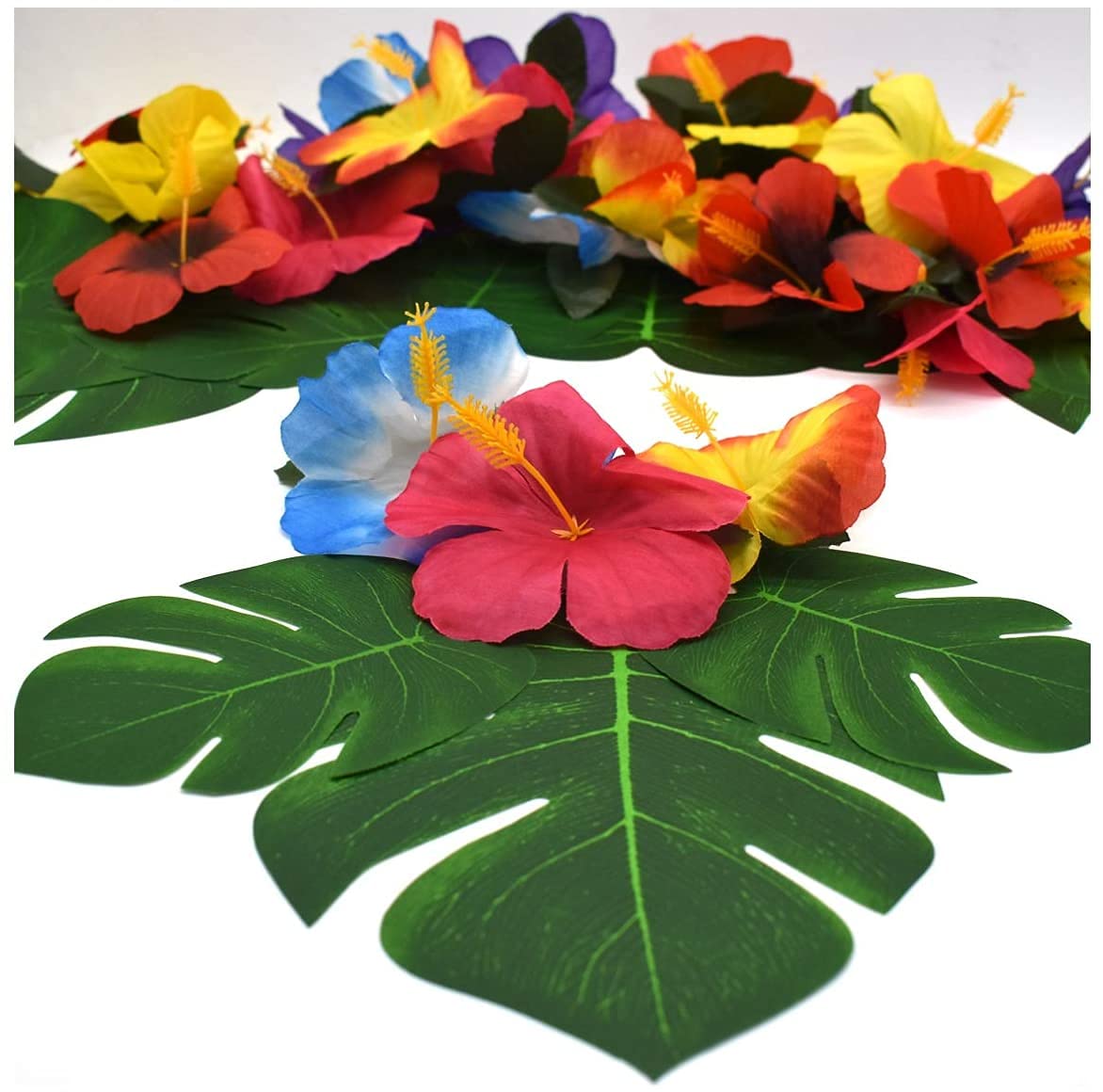 Ziranee Tropical Party Decoration,24 PCS Tropical Palm Leaves+24 PCS Artificial Flowers 6" Monstera Leaves with Stem Hawaiian Hibiscus Flowers for Beach Party Rainforest Table Decorations