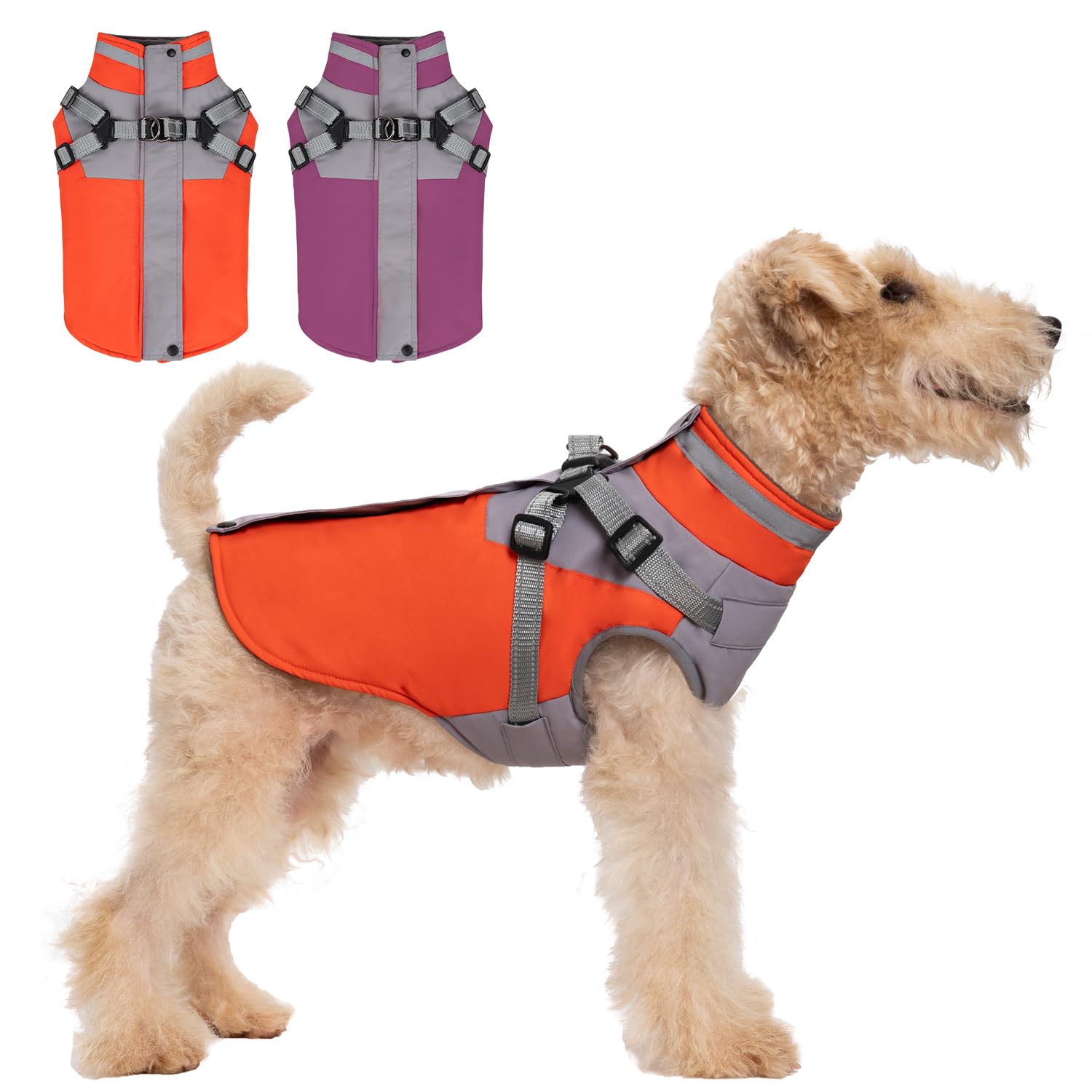 Aimydog Cozy Dog Jacket, Padded Fleece Dog Vest with Built-in Harness, 100% Waterproof Reflective Snow Pet Coat Clothes with Zipper, Orange, M — image 1