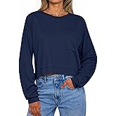 Tankaneo Womens Cropped Long Sleeve Shirts Trendy Casual Boxy Fall Tops Loose Fit Crew Neck Tees T-Shirt