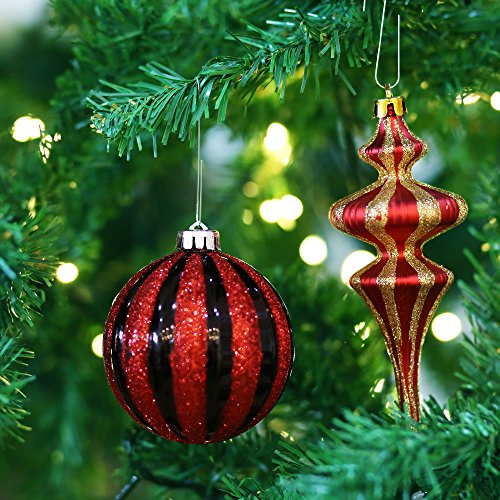 Valery Madelyn 50ct Trendy Red and Black Shatterproof Christmas Ball Ornaments Decoration, 70-165mm/2.75-6.49inch, 50 Pcs Metal Hooks Included, Themed with Tree Skirt(Not Included)