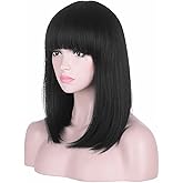AMZCOS 15 Inch Short Straight Black Bob Wig with Bangs | Natural Heat Resistant Synthetic Hair for Women
