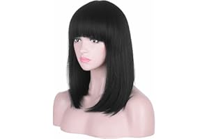 AMZCOS 15 Inch Short Straight Black Bob Wig with Bangs | Natural Heat Resistant Synthetic Hair for Women